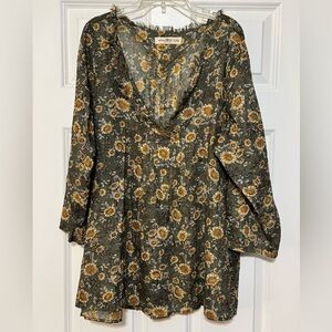 NWOT Natural Life Boho Floral 100% Cotton Peasant Top 3/4 Sleeve Raw V-neck L/XL